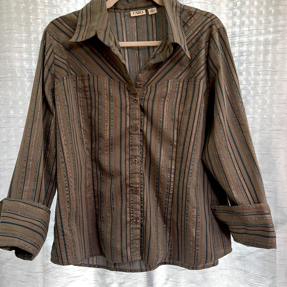 Cato shirt,blue&metallic stripes western-style, 3/4 sleeves,cuff & button down.